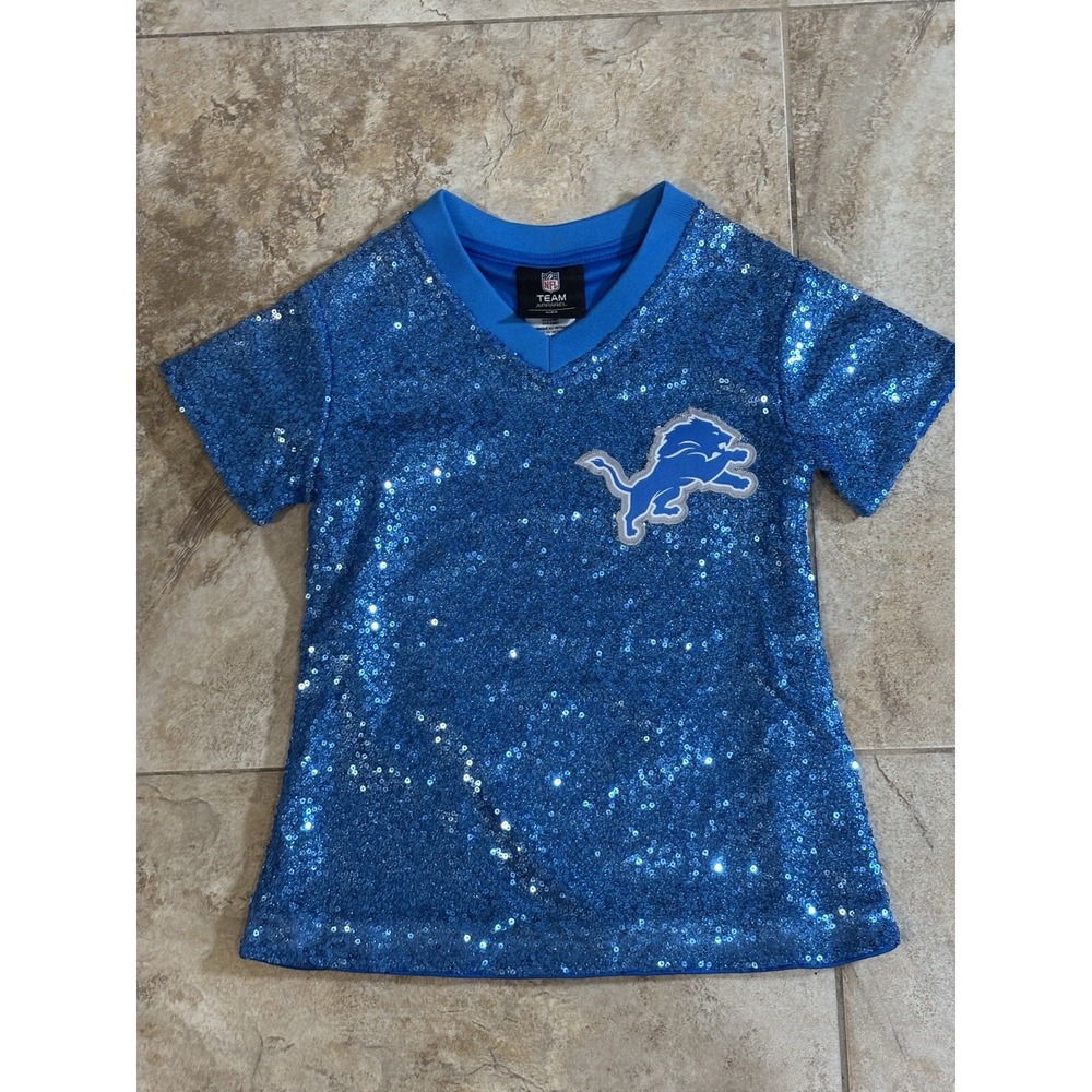 Detroit Lions NFL Girls Youth Small 4 Blue Sequin V-Neck Shirt Jersey Style NWT
